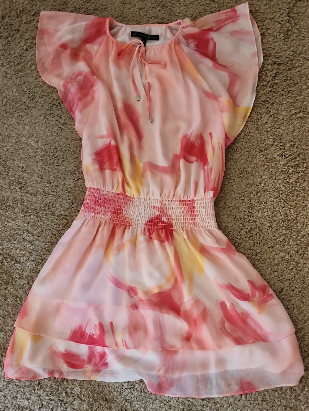 White House Black Market Pink and Yellow Watercolor Flutter Dress